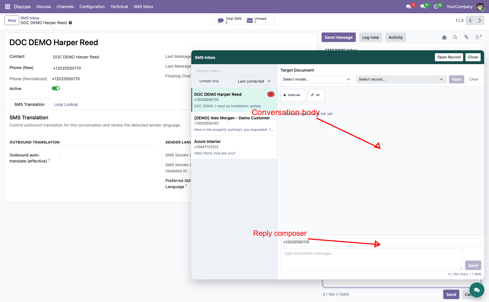 Floating SMS thread and composer