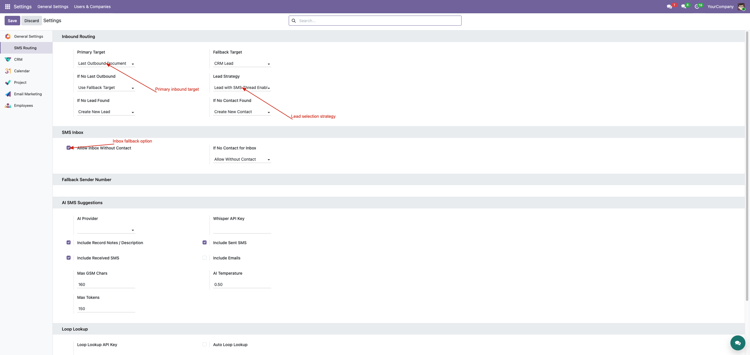 SMS Routing settings