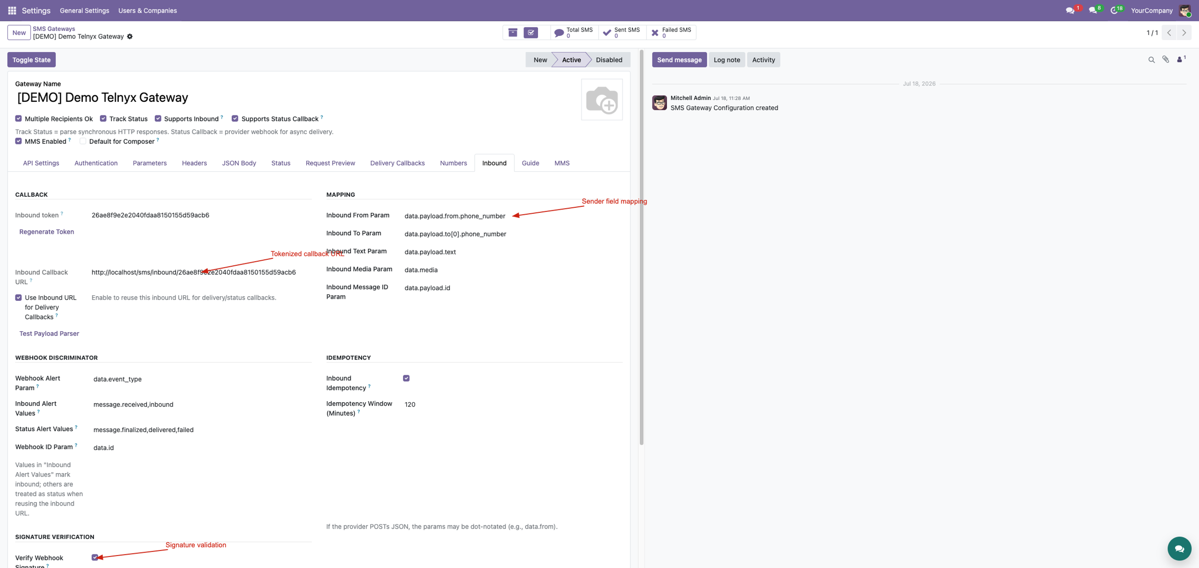 Gateway inbound webhook configuration