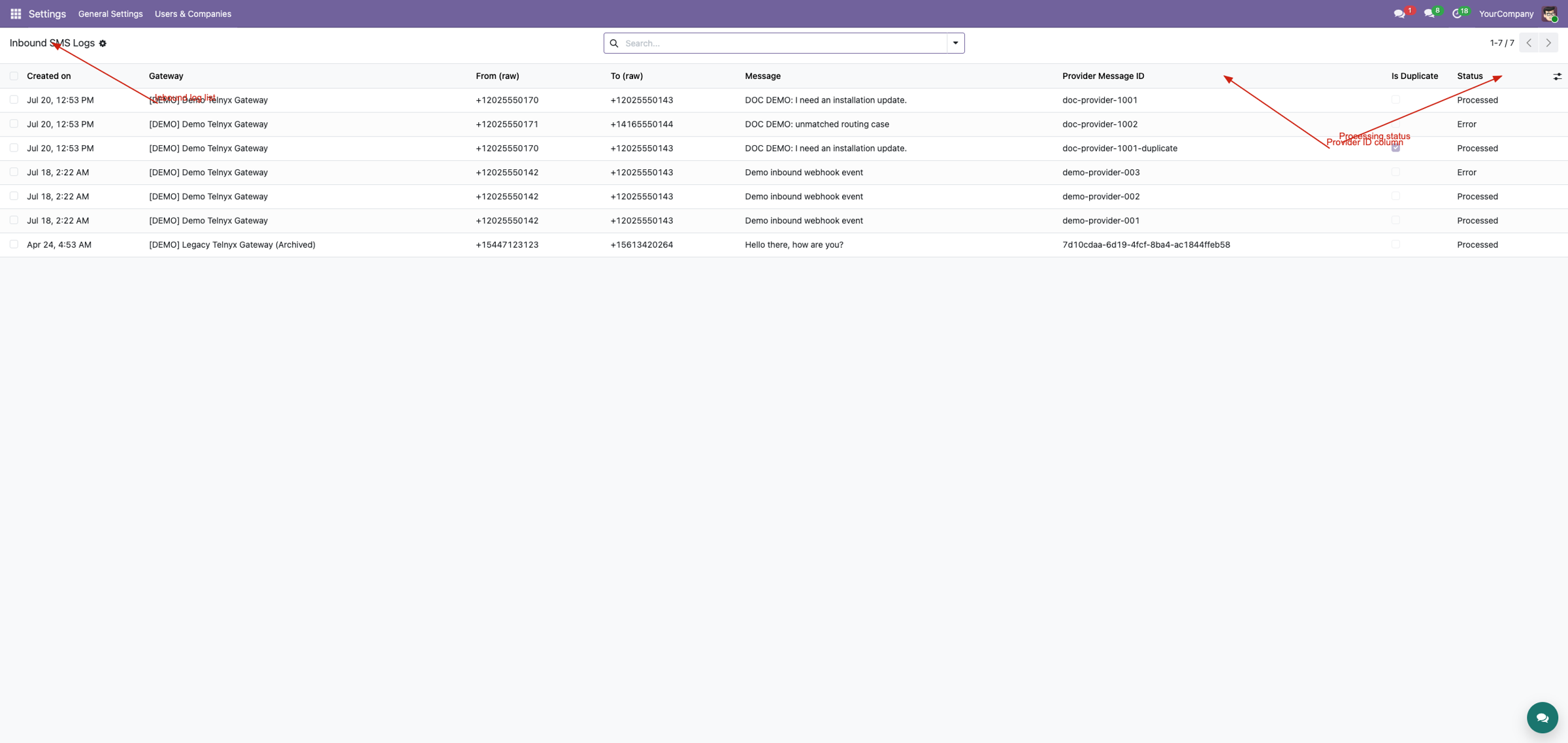 Inbound SMS logs