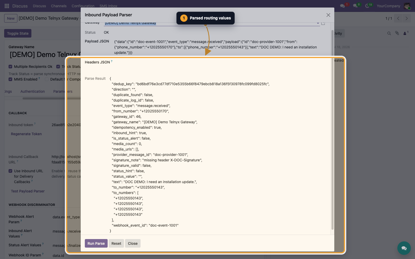 Inbound parser result