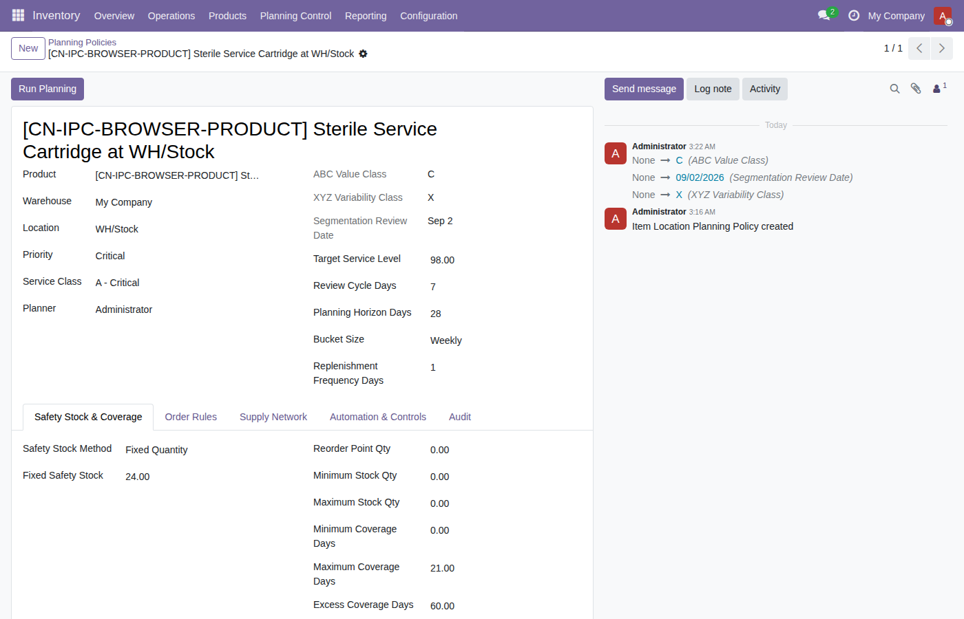 Critical item-location policy with replenishment and safety settings