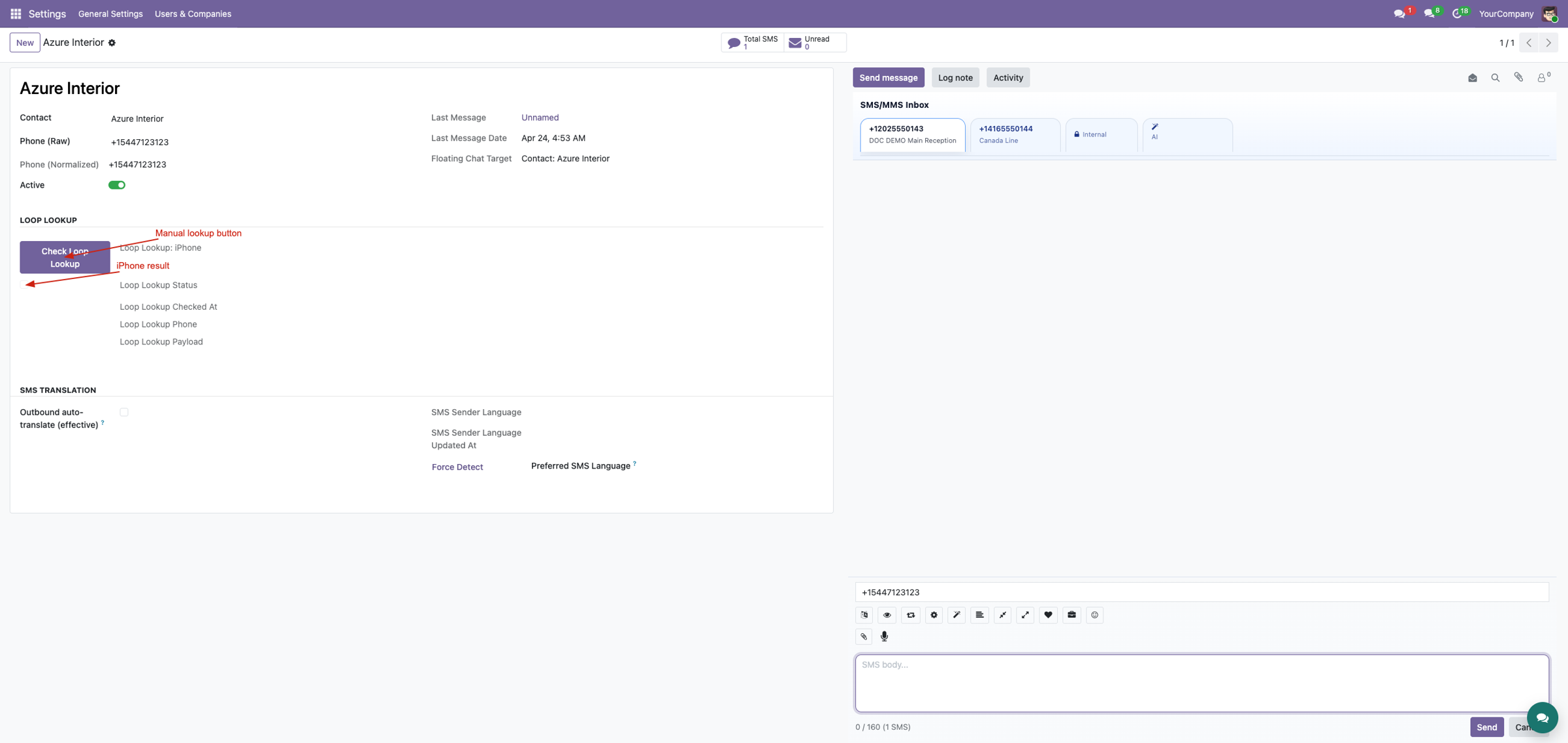 Loop Lookup controls on SMS Inbox