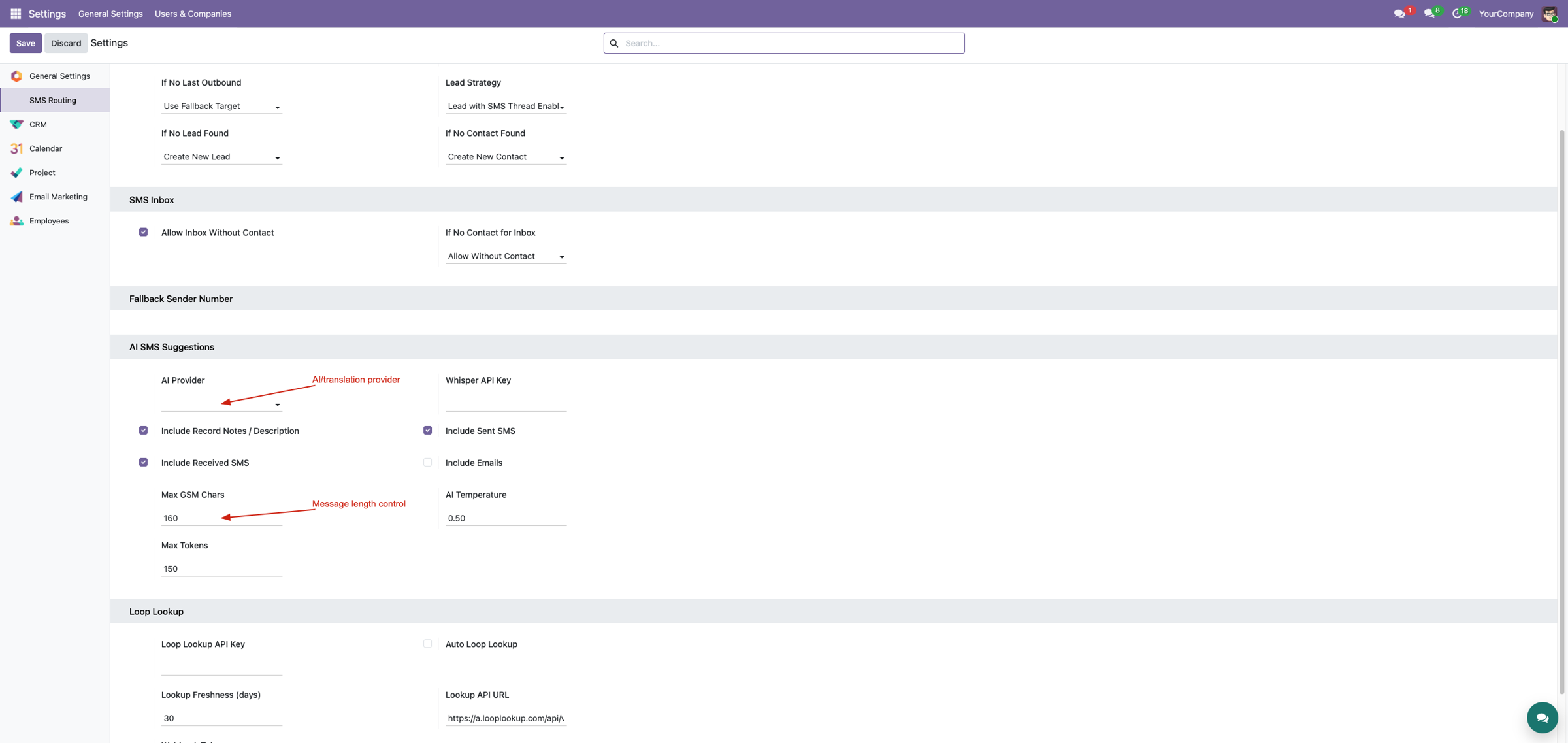 Translation provider settings context